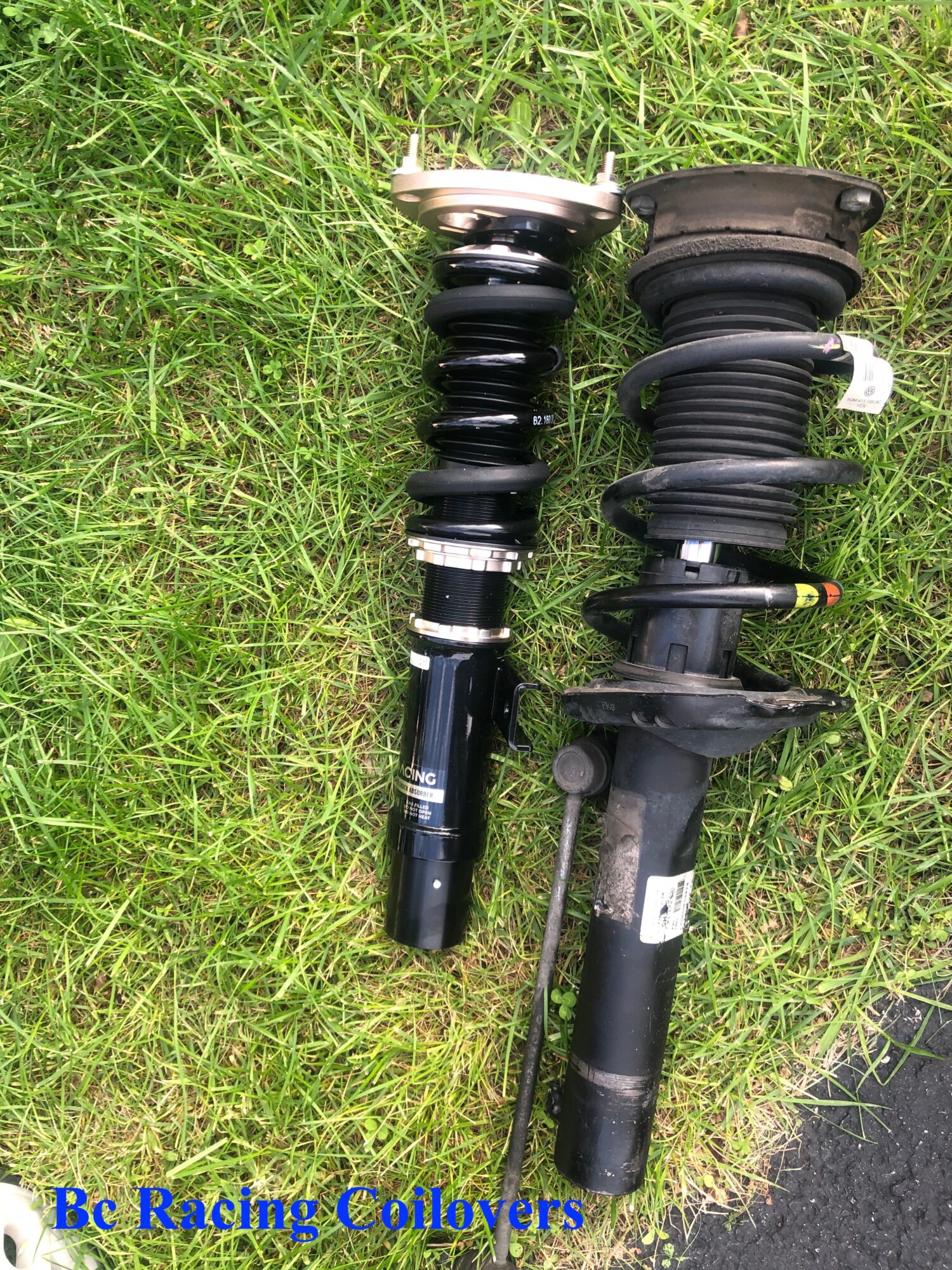Two car suspension struts lying on grass, one with a shiny metal top and the other with a black rubber top, both with coil springs.