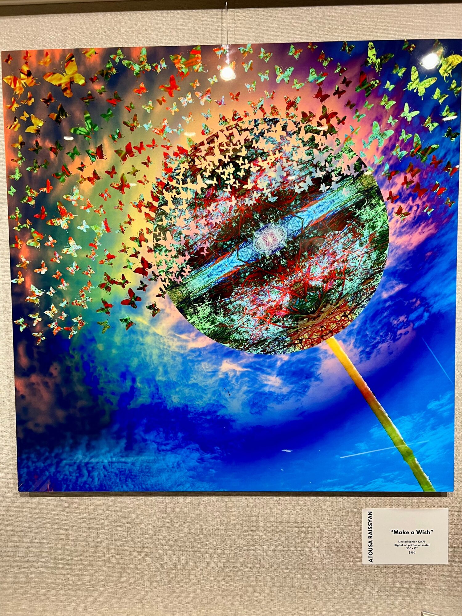 Colorful abstract artwork with a planet-like sphere surrounded by multicolored butterflies and a rainbow background.