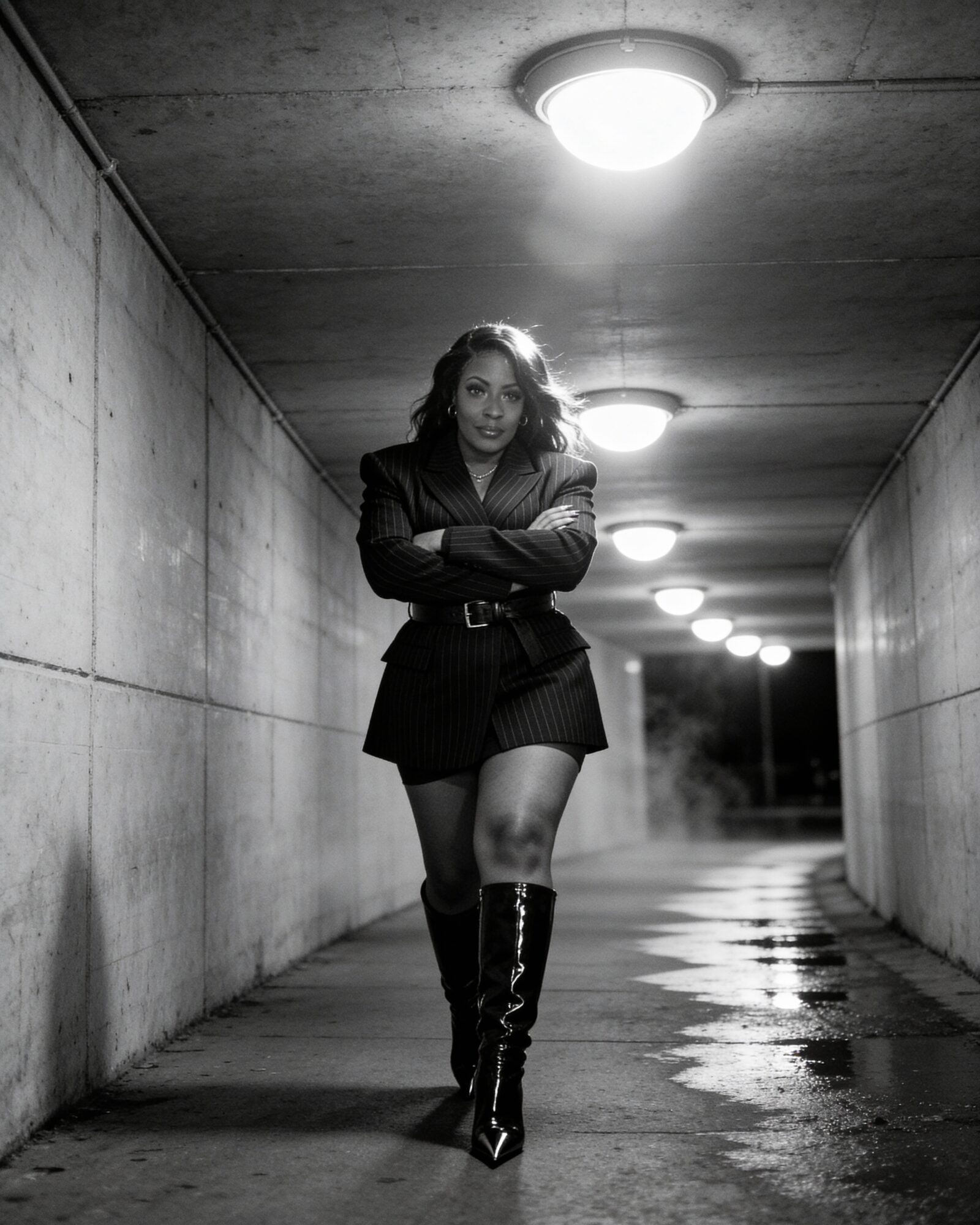 Woman walking in a concrete tunnel with overhead lights, arms crossed, wearing a black outfit and knee-high boots.