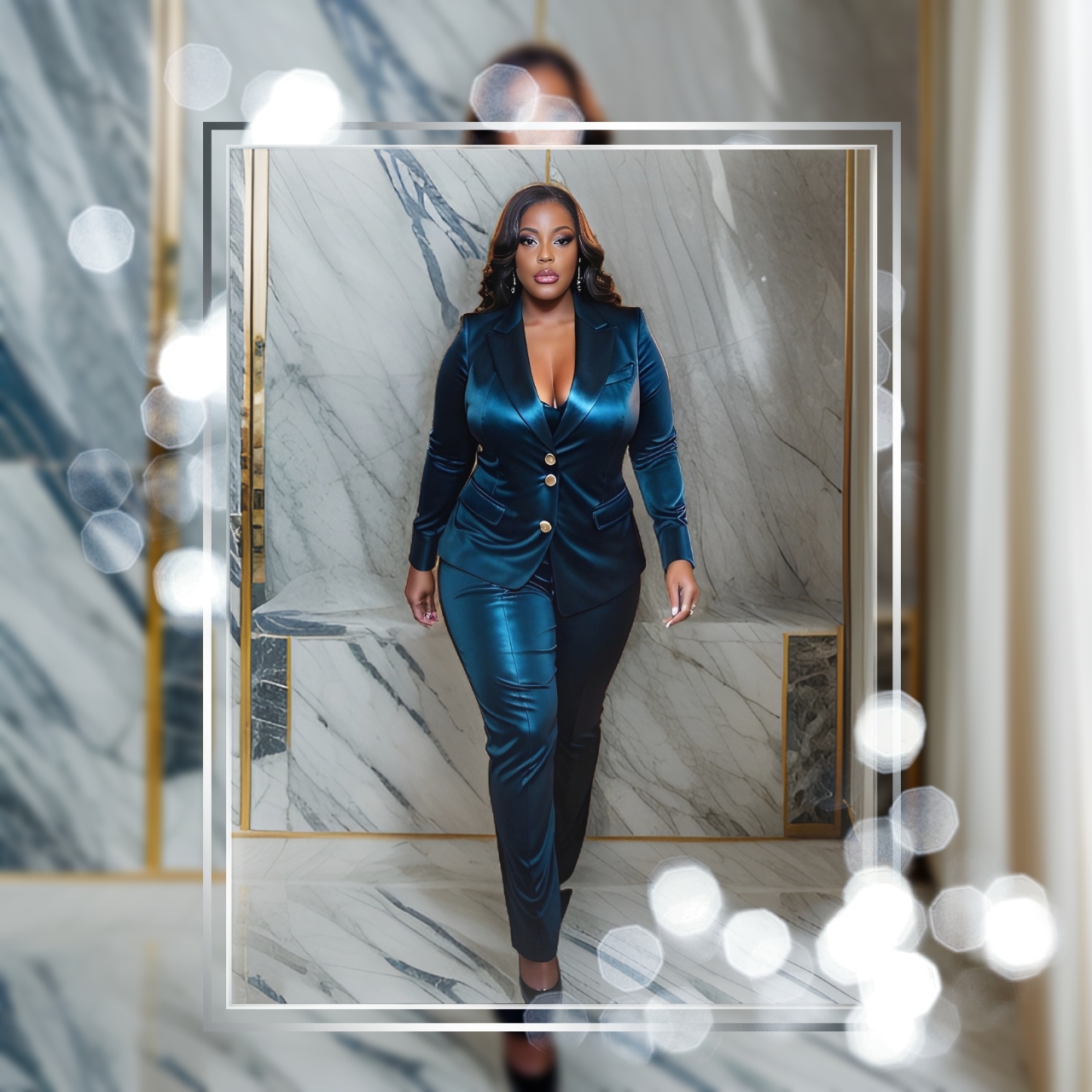 Woman in a blue satin suit walking through a marble hallway with a decorative frame around her.