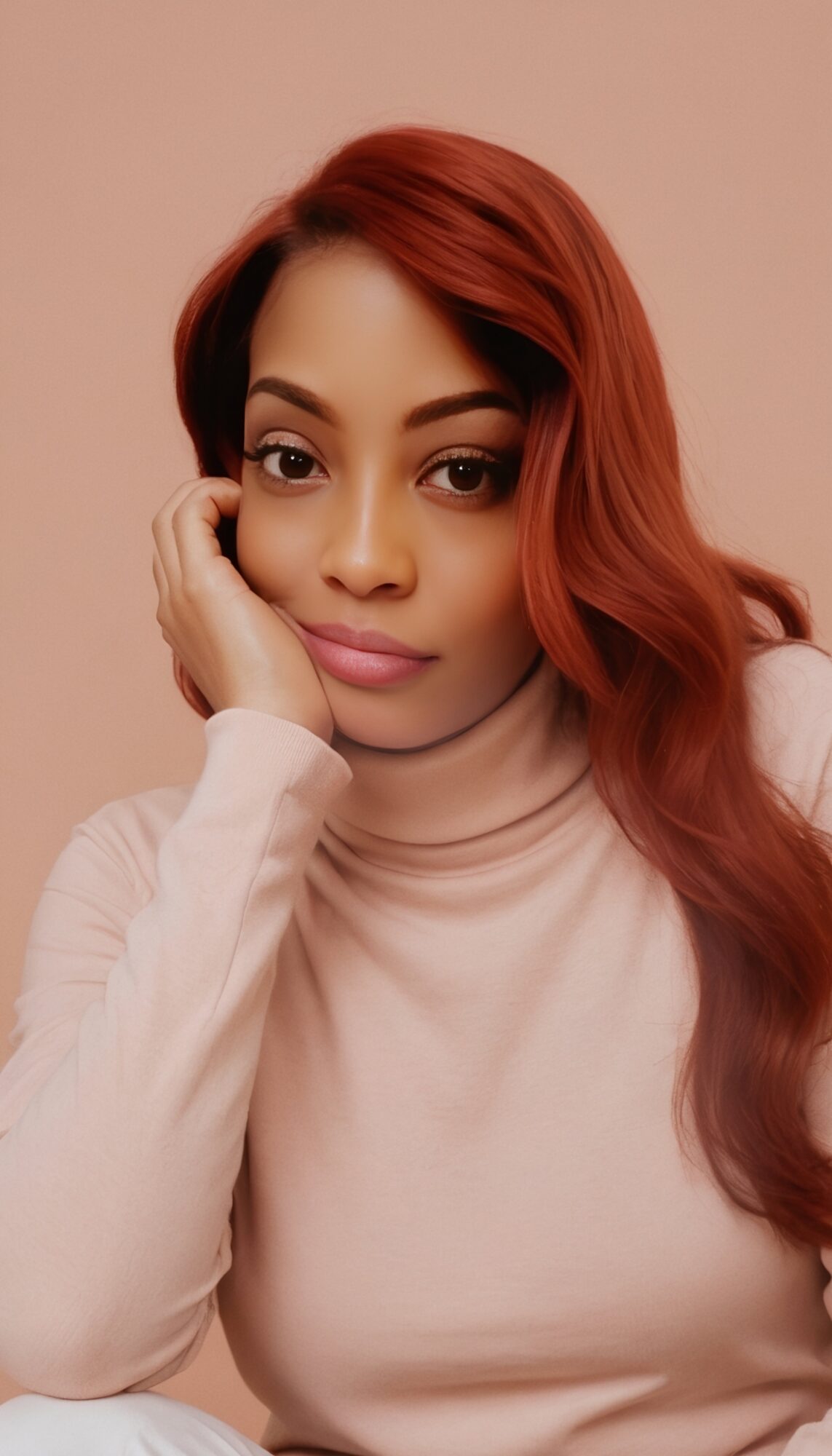 Young woman with long red hair resting her face on her hand, wearing a light-colored turtleneck, smiling softly.