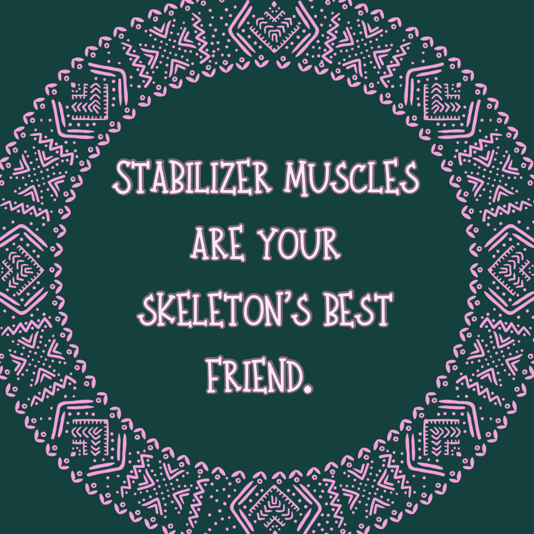Centered quote: 'Stabilizer muscles are your skeleton's best friend,' surrounded by a decorative pink geometric border.
