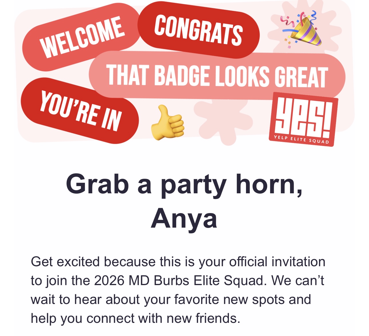 Party invitation with colorful badges and text, inviting Anya to join the 2026 MD Burbs Elite Squad celebration.