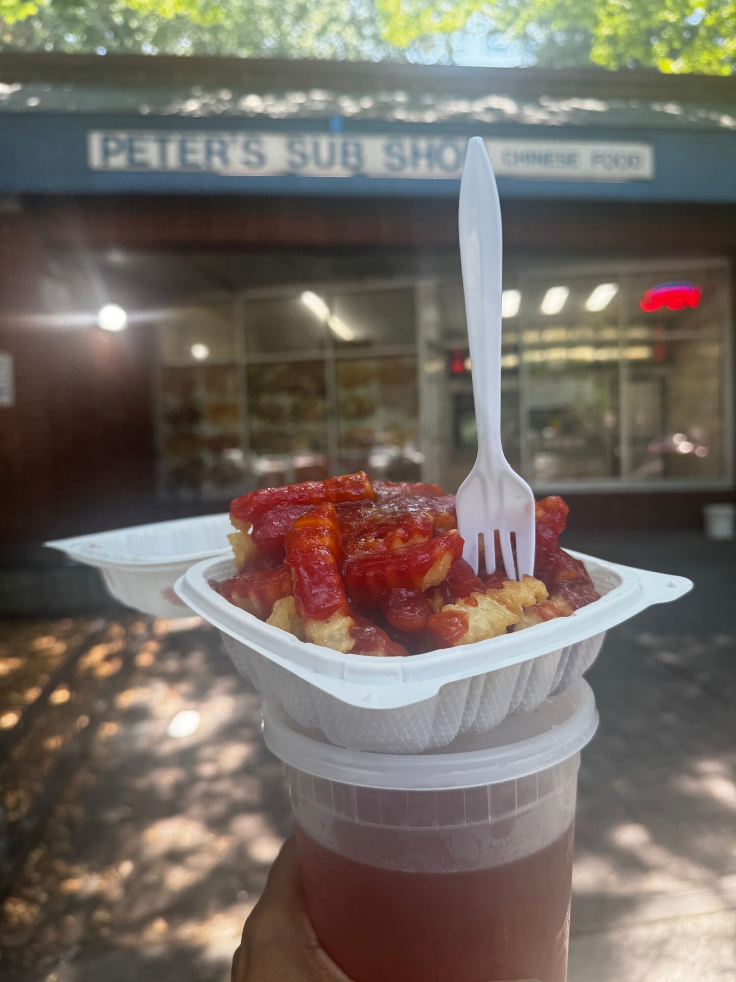 Person holding a cup with food and a plastic fork outside a store with trees and sunlight.