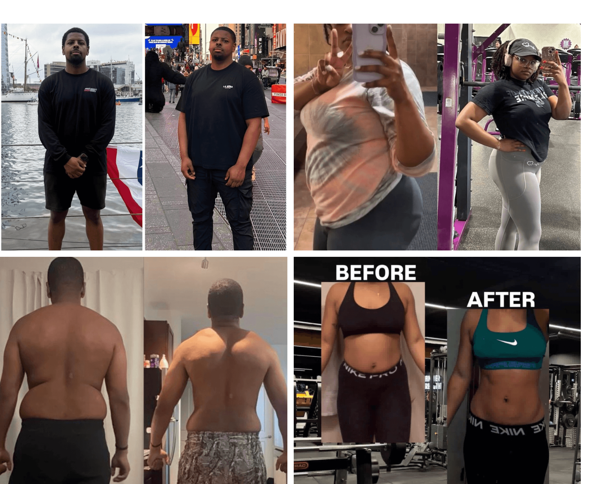 Six images showing people, including a man, a woman, and a person with a muscular back, in various settings.