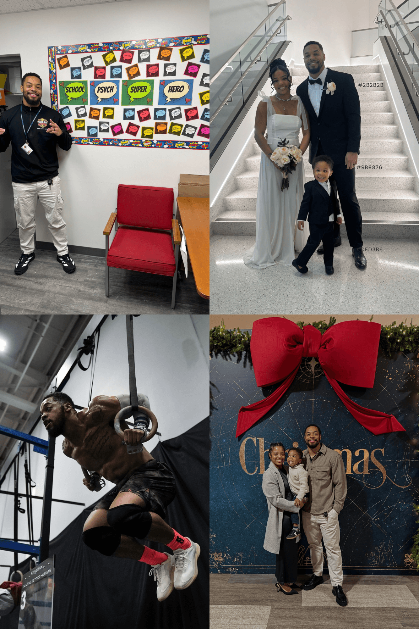 Four images: a man with a beard and a woman in a wedding dress with a child, a couple in formal attire on stairs, a person in a gym, and a family at Christmas with a large red bow.