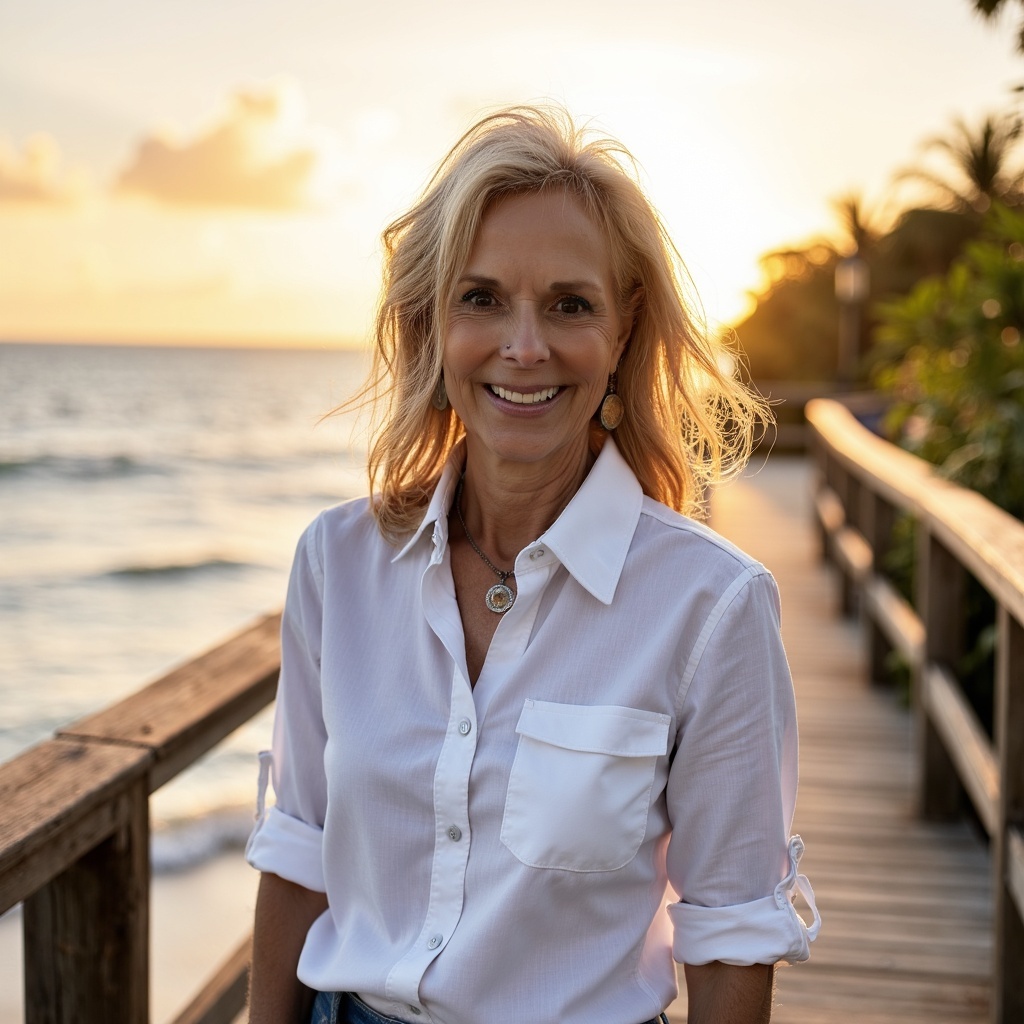 Smiling woman with blonde hair in a white shirt on a beachside walkway at sunset.