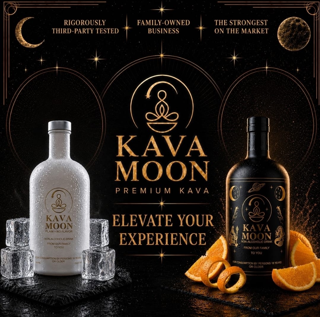 Two bottles of Kava Moon drink with orange slices and ice, set against a dark background with celestial elements.