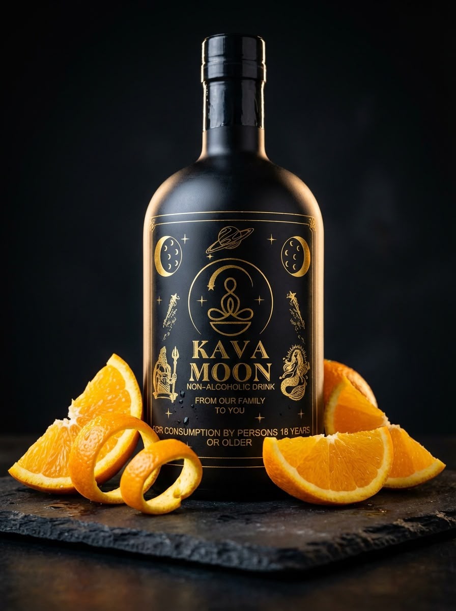 Black bottle labeled Kava Moon with gold celestial designs, surrounded by orange slices on a dark surface.