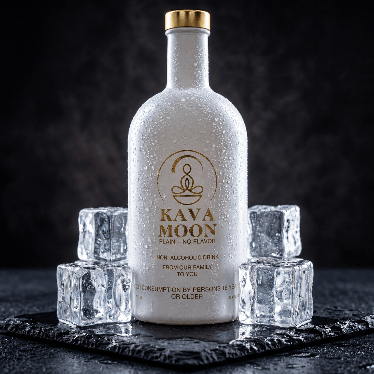 White bottle with gold cap surrounded by ice cubes on a black slate surface, dark background.