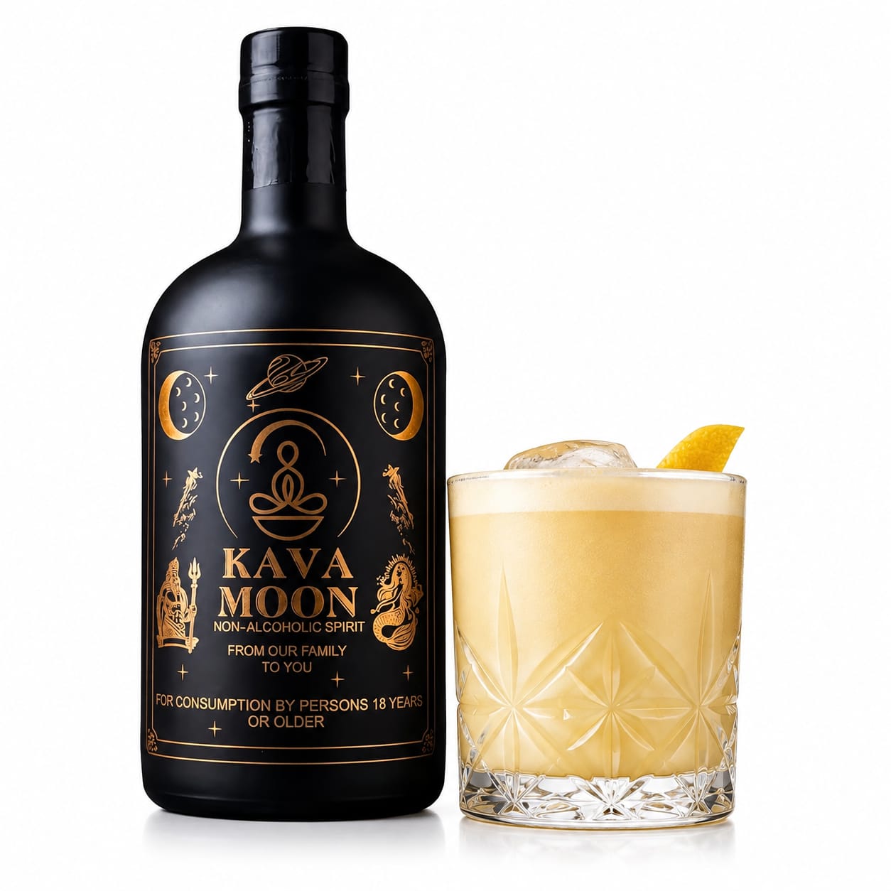 Black bottle labeled Kava Moon next to a glass of yellowish drink with ice and lemon wedge, on a white background.