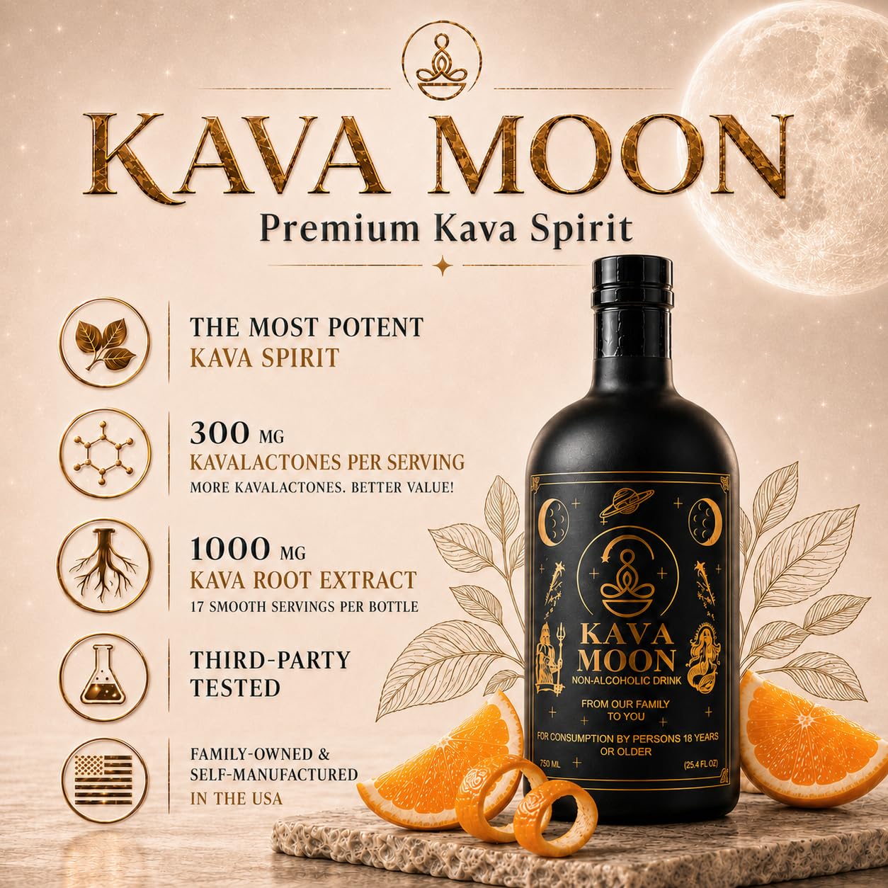 Kava Moon bottle with orange slices and leaves, moon in background, text about kava spirit benefits, 20 words