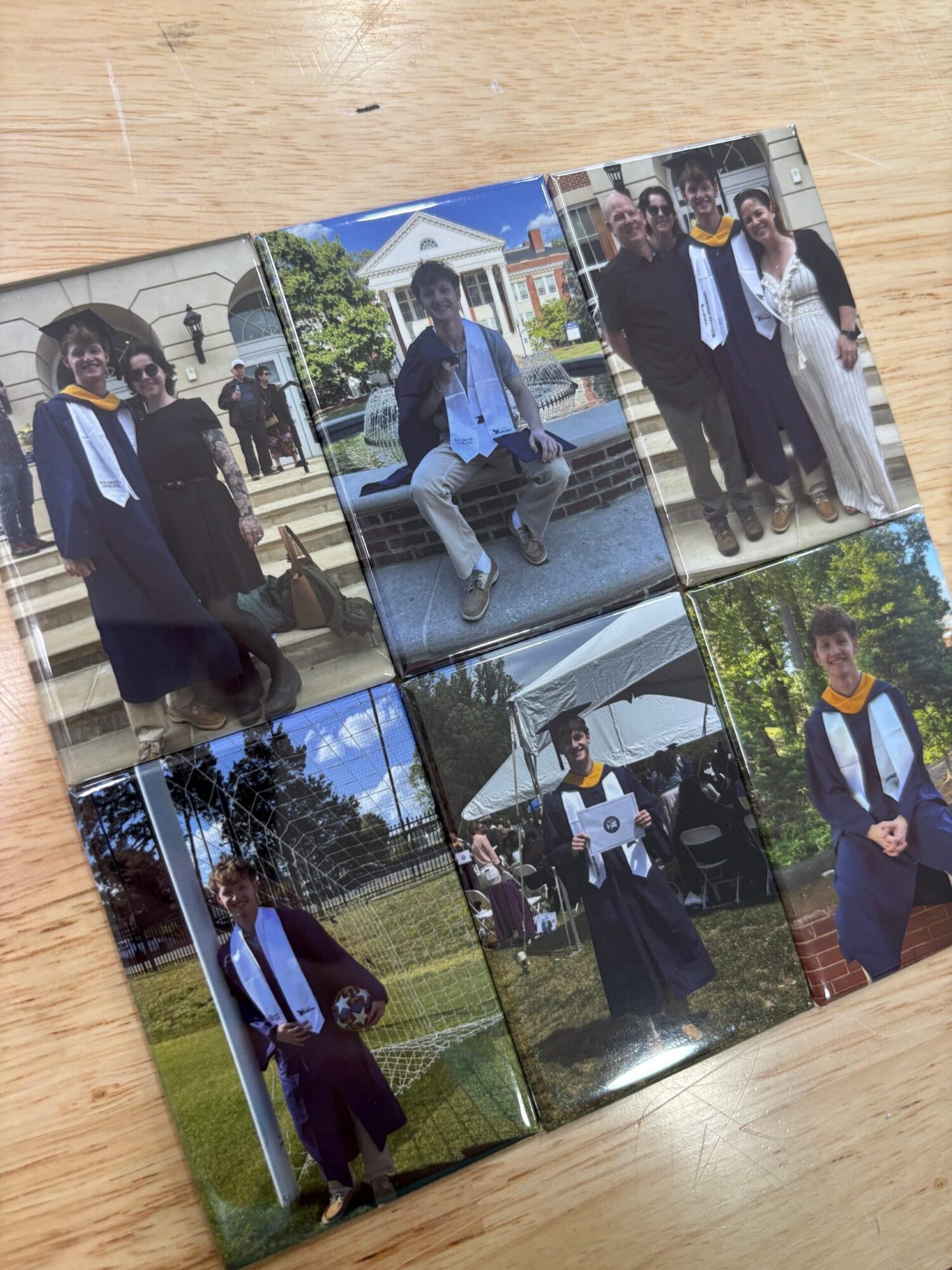 Collection of eight photos of a person in formal attire outdoors and indoors, posing in various settings.