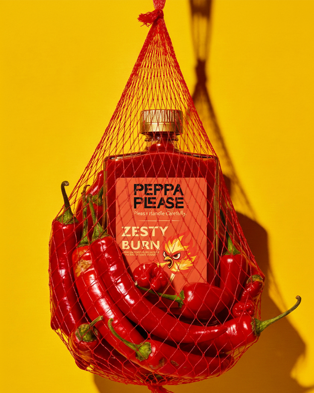 Red chili peppers surround a red bottle labeled