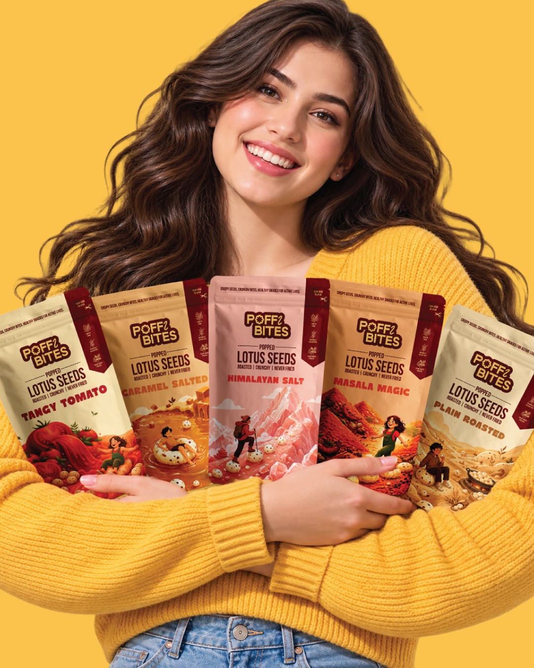 Smiling woman with long wavy hair holding four snack packages against a yellow background.