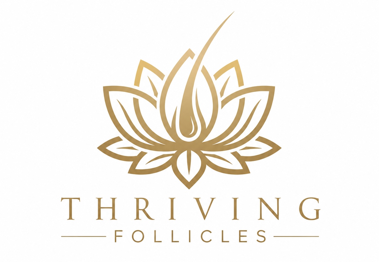A stylized lotus flower with a flame in the center, and the words 'Thriving Follicles' below, in gold color.