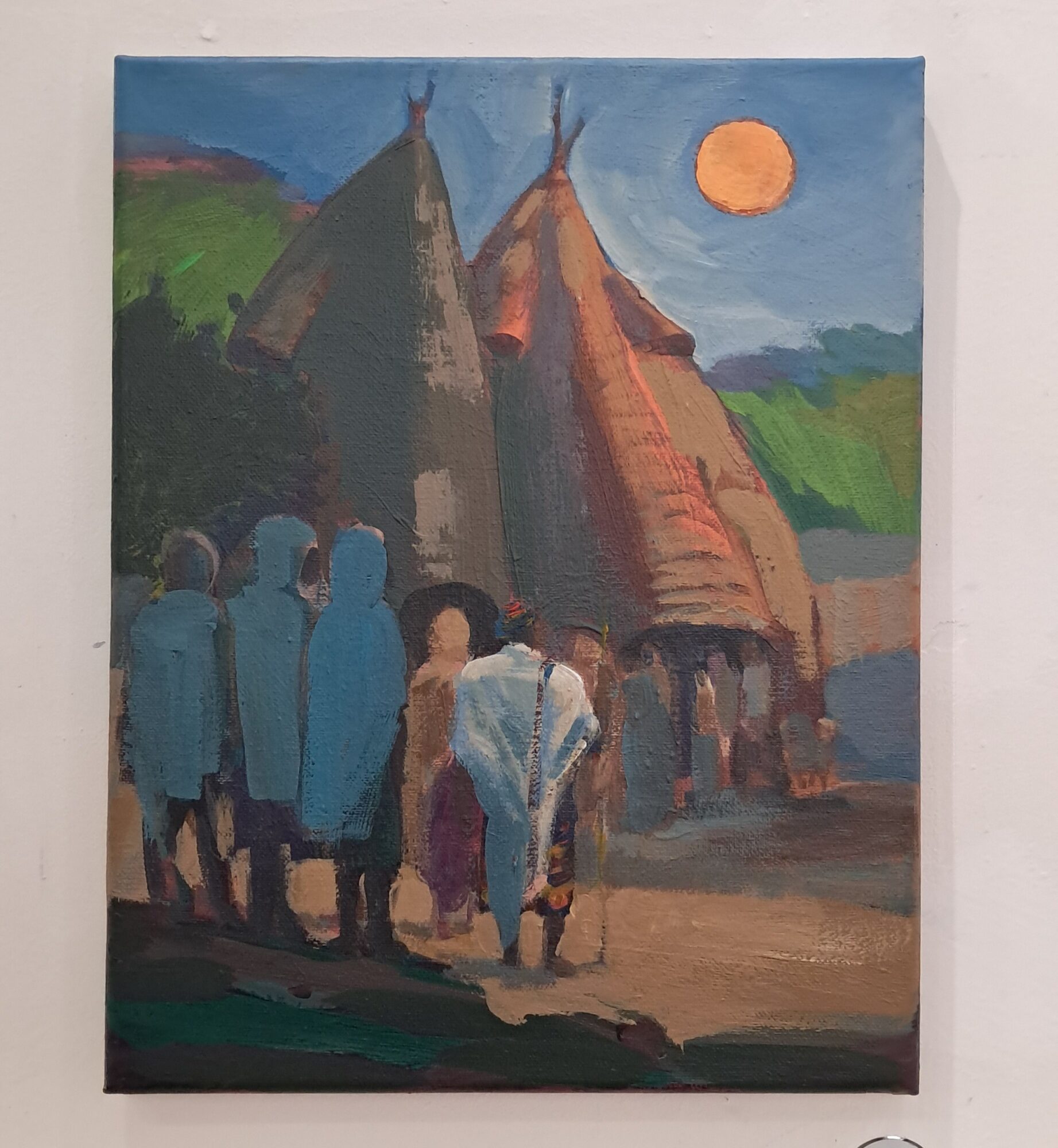 Painting of a group of people walking near huts under a bright orange sun in a rural setting.