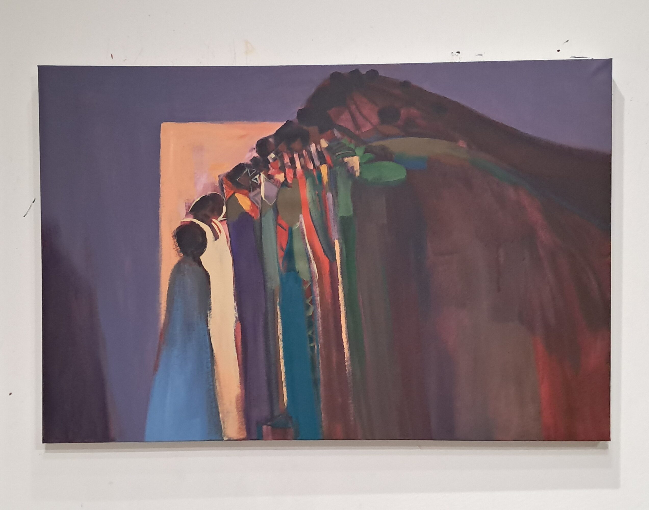 Abstract painting with a group of figures standing on a hill, with a mountain in the background, using bold colors.