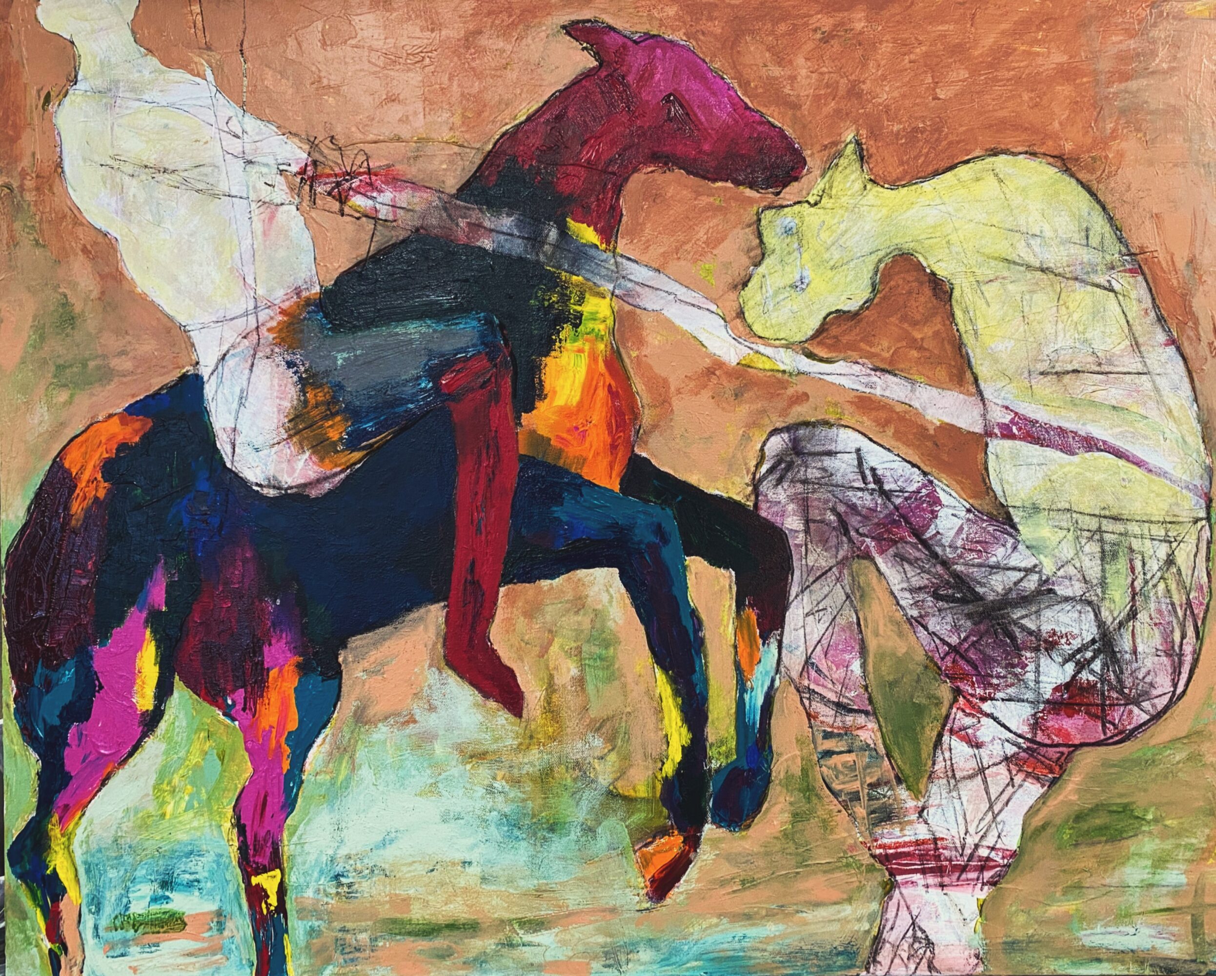 Two abstract horse figures facing each other with vibrant colors and loose brushstrokes.