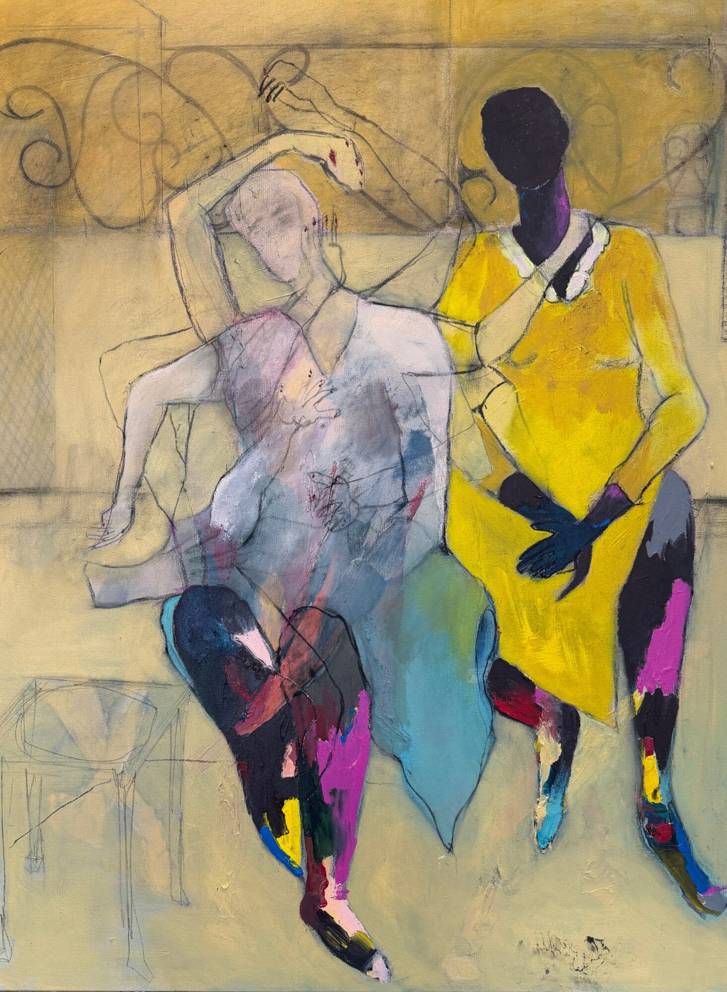 Two women sit and stand, one in a yellow dress with gloves, the other in a pastel dress, with abstract background.