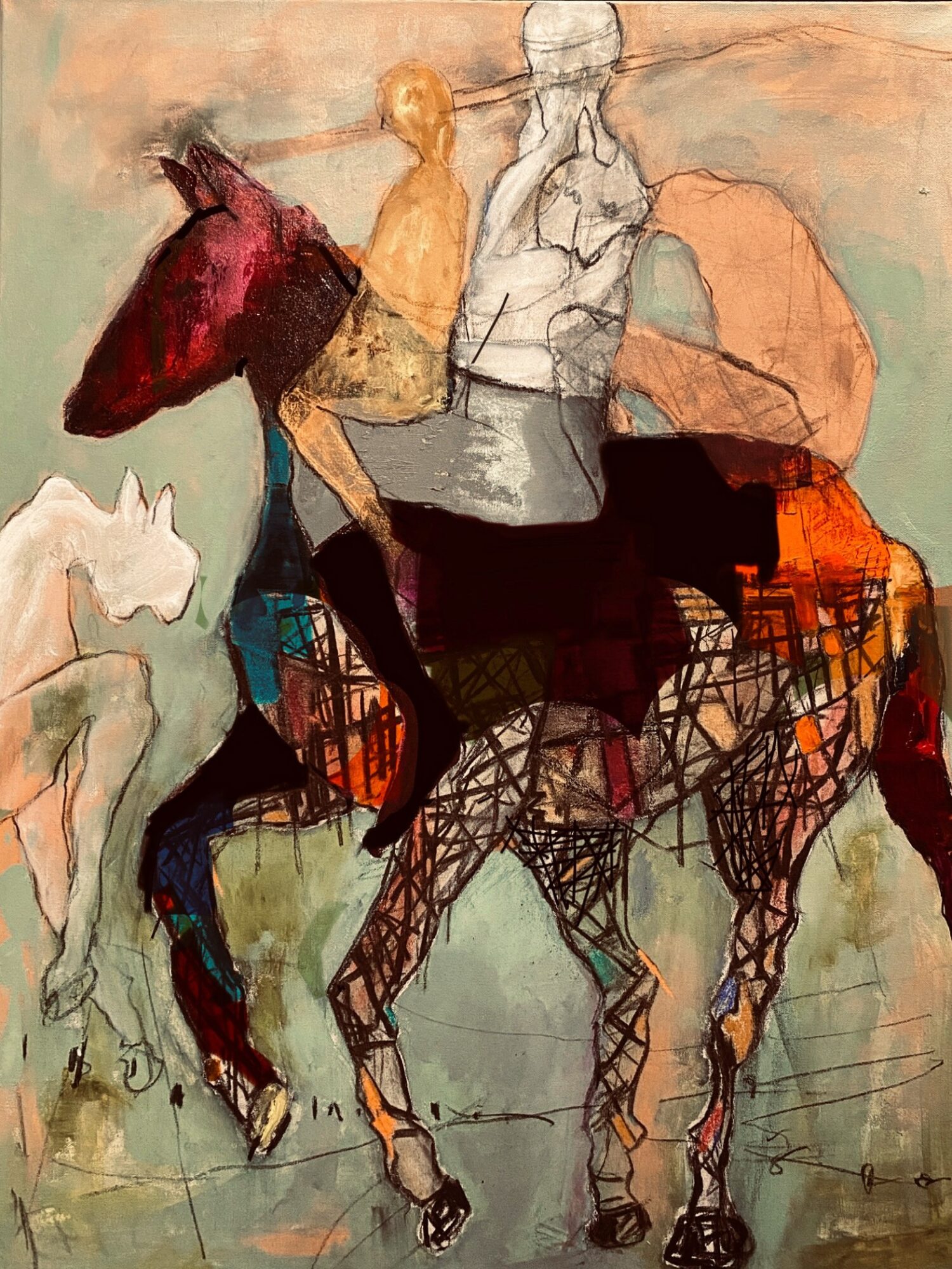 A mixed media artwork depicts a person riding a horse with abstract and sketchy elements, using various colors and textures.