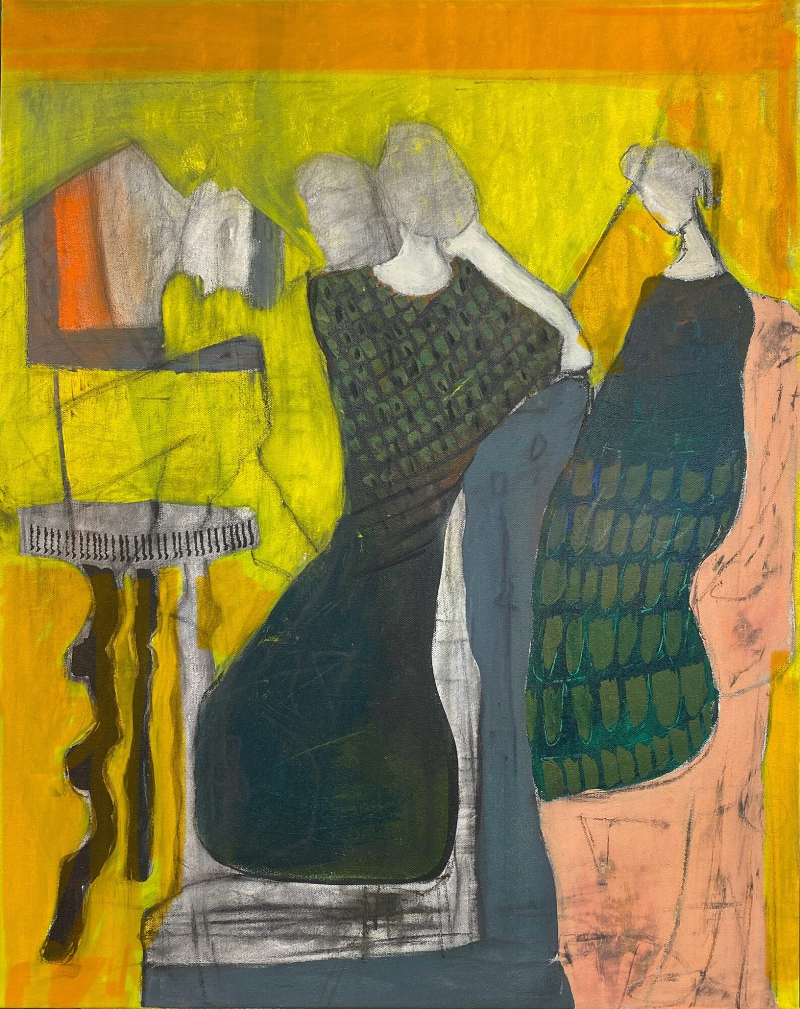 Three faceless women sitting on a sofa in a colorful room with a table and a lamp, abstract style.