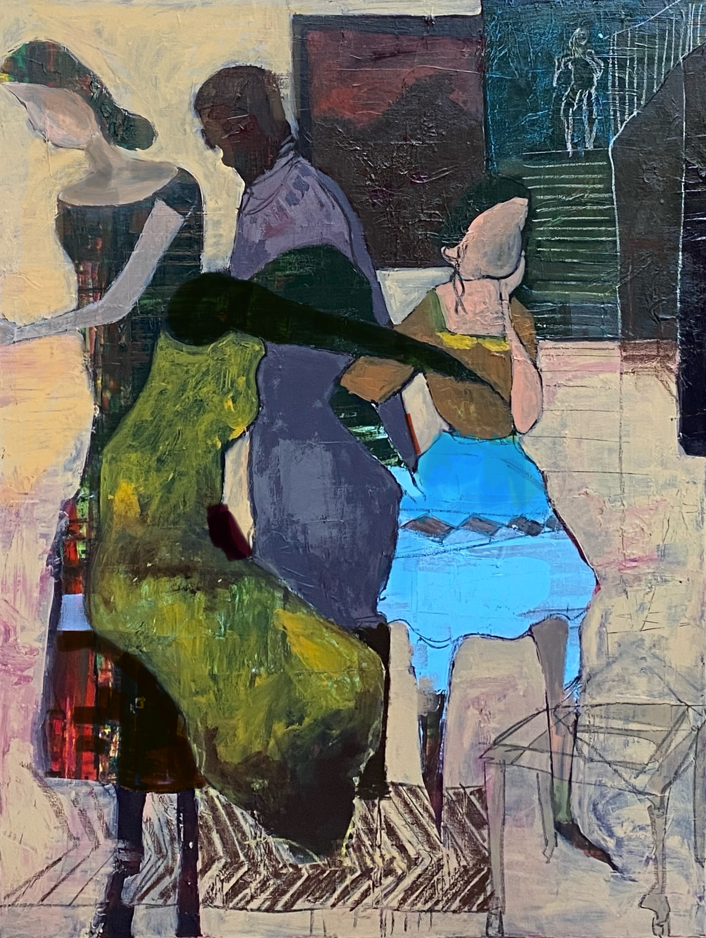 Four people, two women and two children, sit and stand near a staircase outdoors, with colorful clothing and background elements.