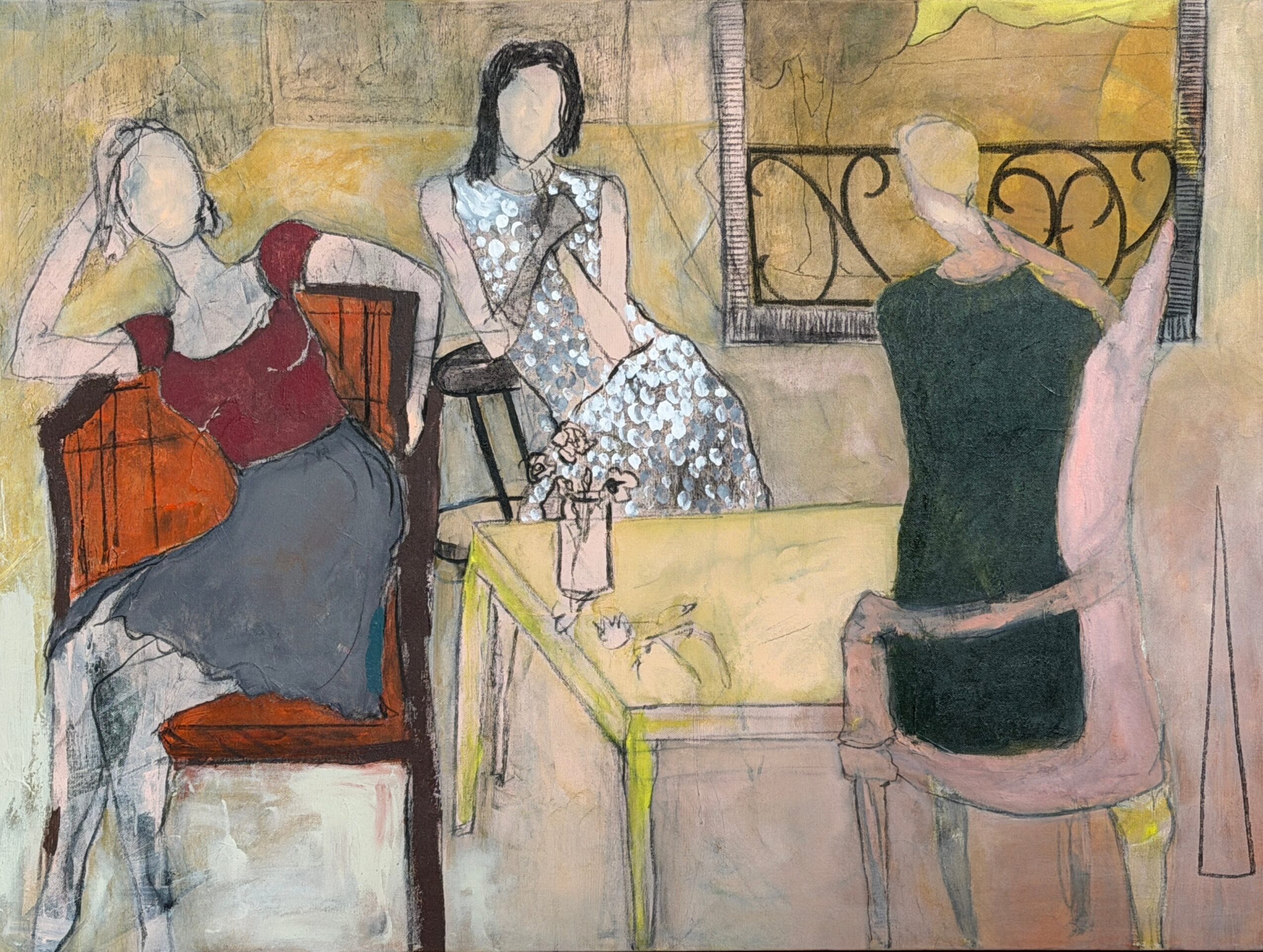 Four faceless women sit around a table in a room with a window, two on chairs and two on benches, with a candle on the table.