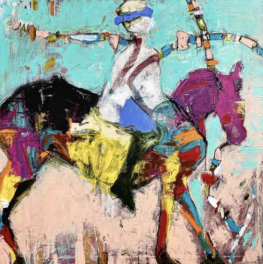 Abstract painting of a person riding a horse, with vibrant colors and expressive brushstrokes.