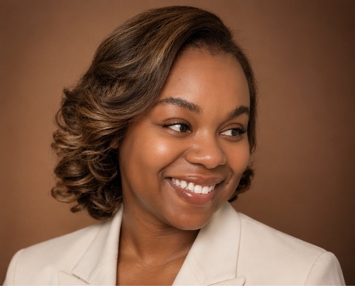 Smiling woman with styled hair wearing a light-colored blazer against a brown background.