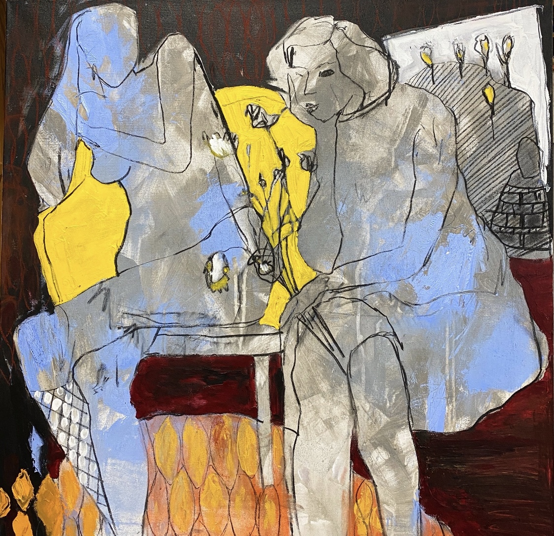 Two abstract figures sit at a table with yellow and blue background elements, using loose, expressive lines and colors.