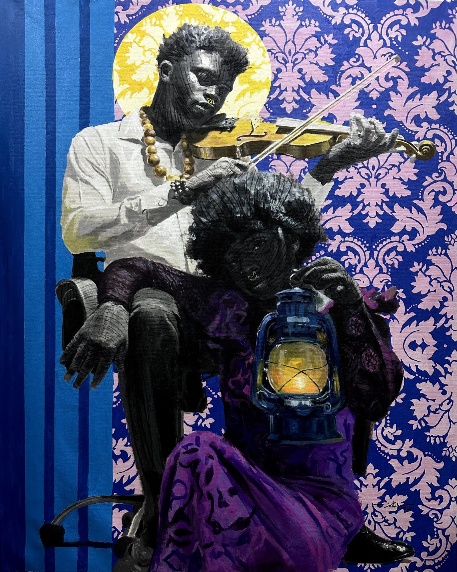 Two dark-skinned figures, one playing a violin and the other sitting with a lantern, against a patterned background.