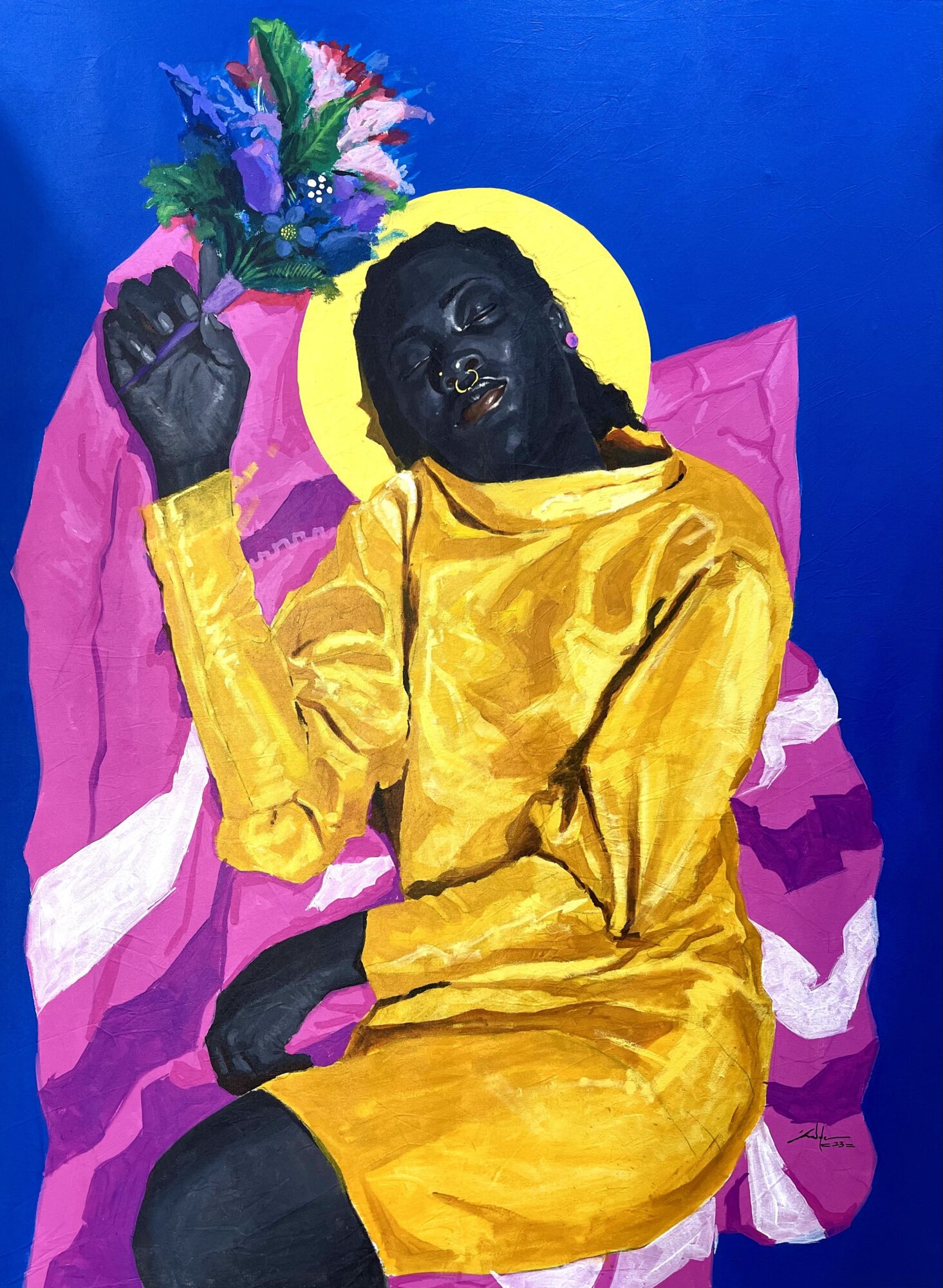 Person with dark skin and black hair lying on a pink and purple bed, wearing a yellow dress, holding a bouquet of flowers, with a yellow halo-like circle behind their head.