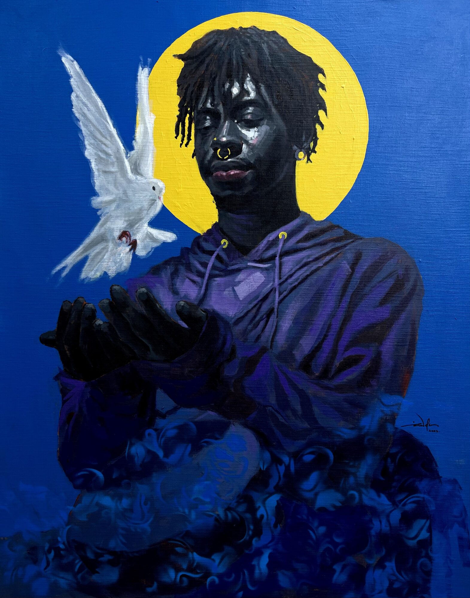 Person with dreadlocks and nose ring holds a white dove against a blue background with a yellow circle.