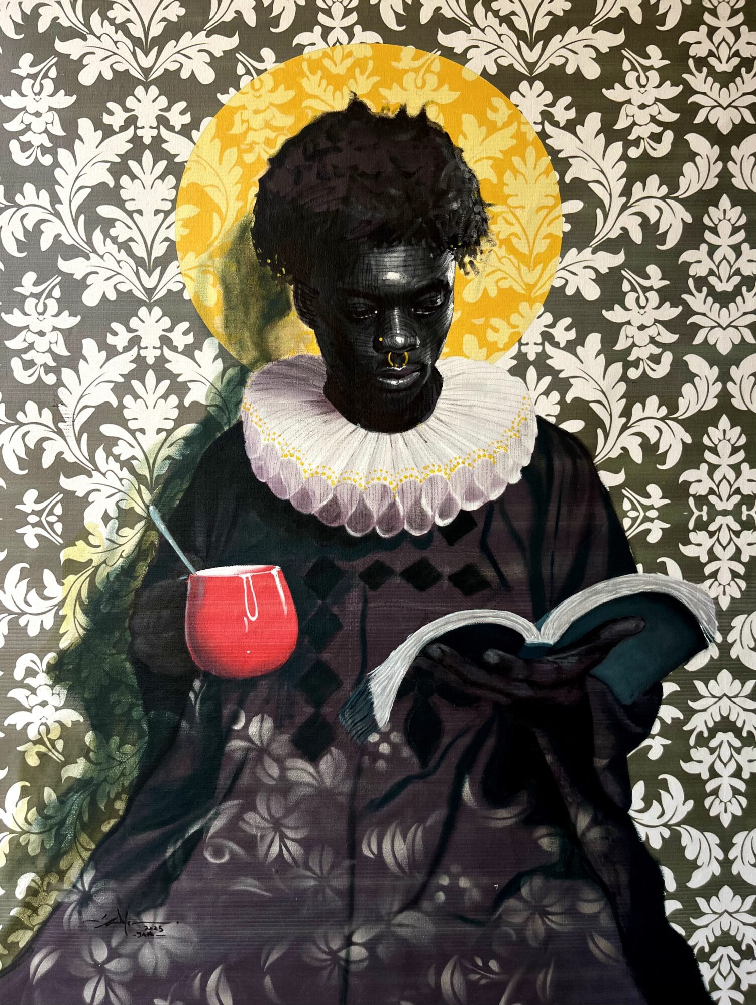 Person with dark skin reading a book, wearing a ruffled collar, with a yellow halo and patterned background.
