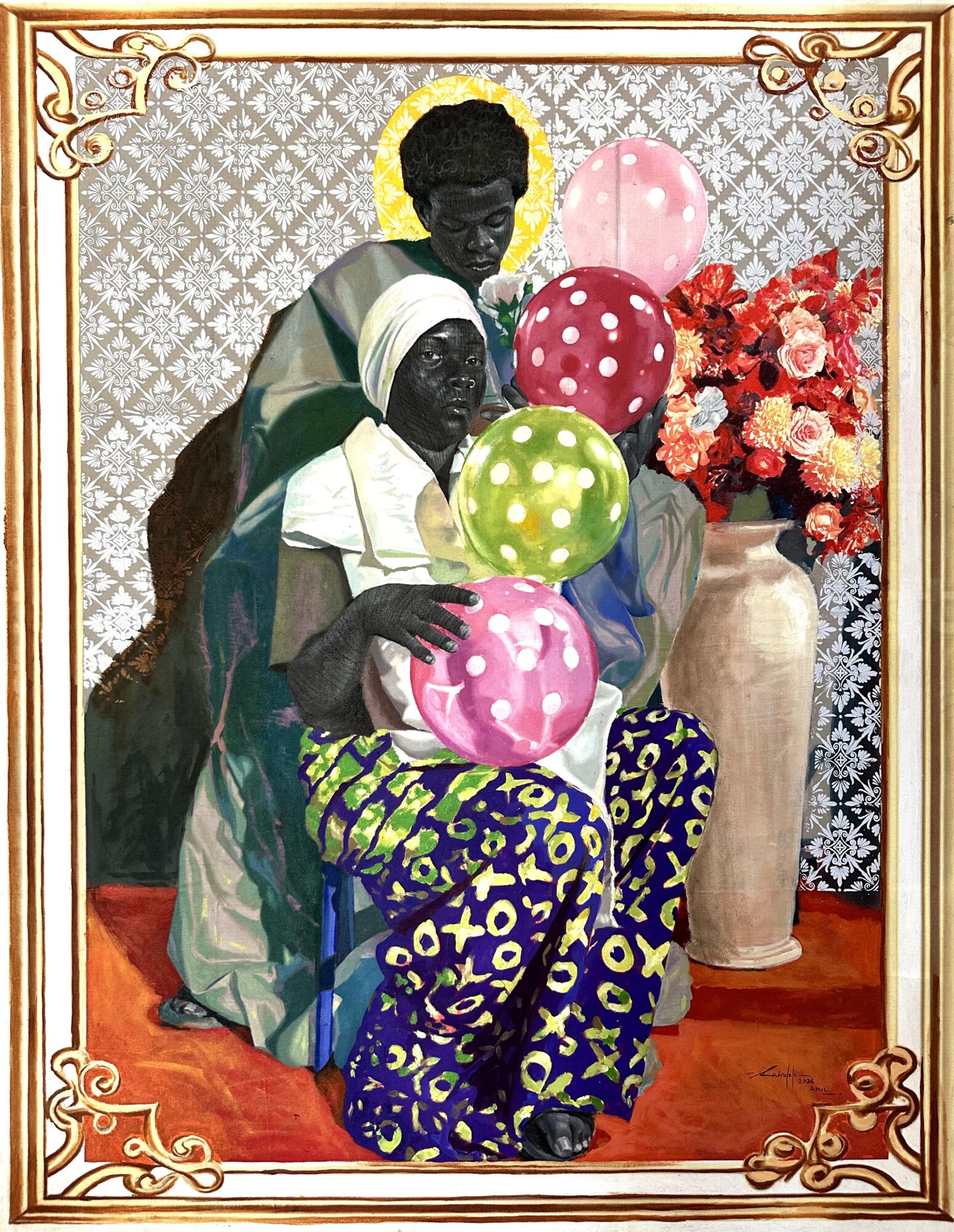 Two people with balloons and flowers, one seated and one standing, in front of patterned wallpaper and a vase of flowers.