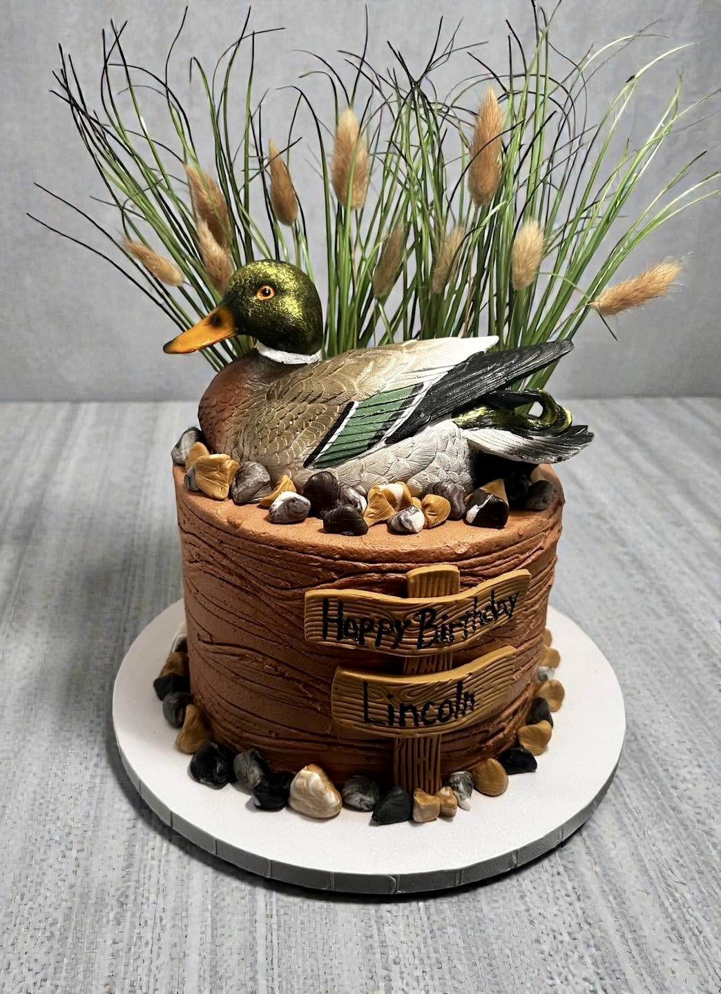 Cake decorated with a duck, plants, and rocks, with a wooden plaque reading