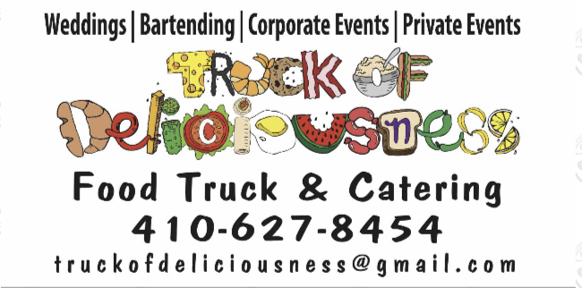 Text-based sign advertising food truck and catering services with colorful, playful lettering and contact information.