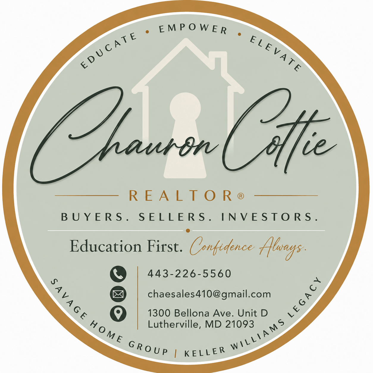 Logo with house outline, text 'Chauvon Cottie', and contact info, emphasizing education and real estate services.