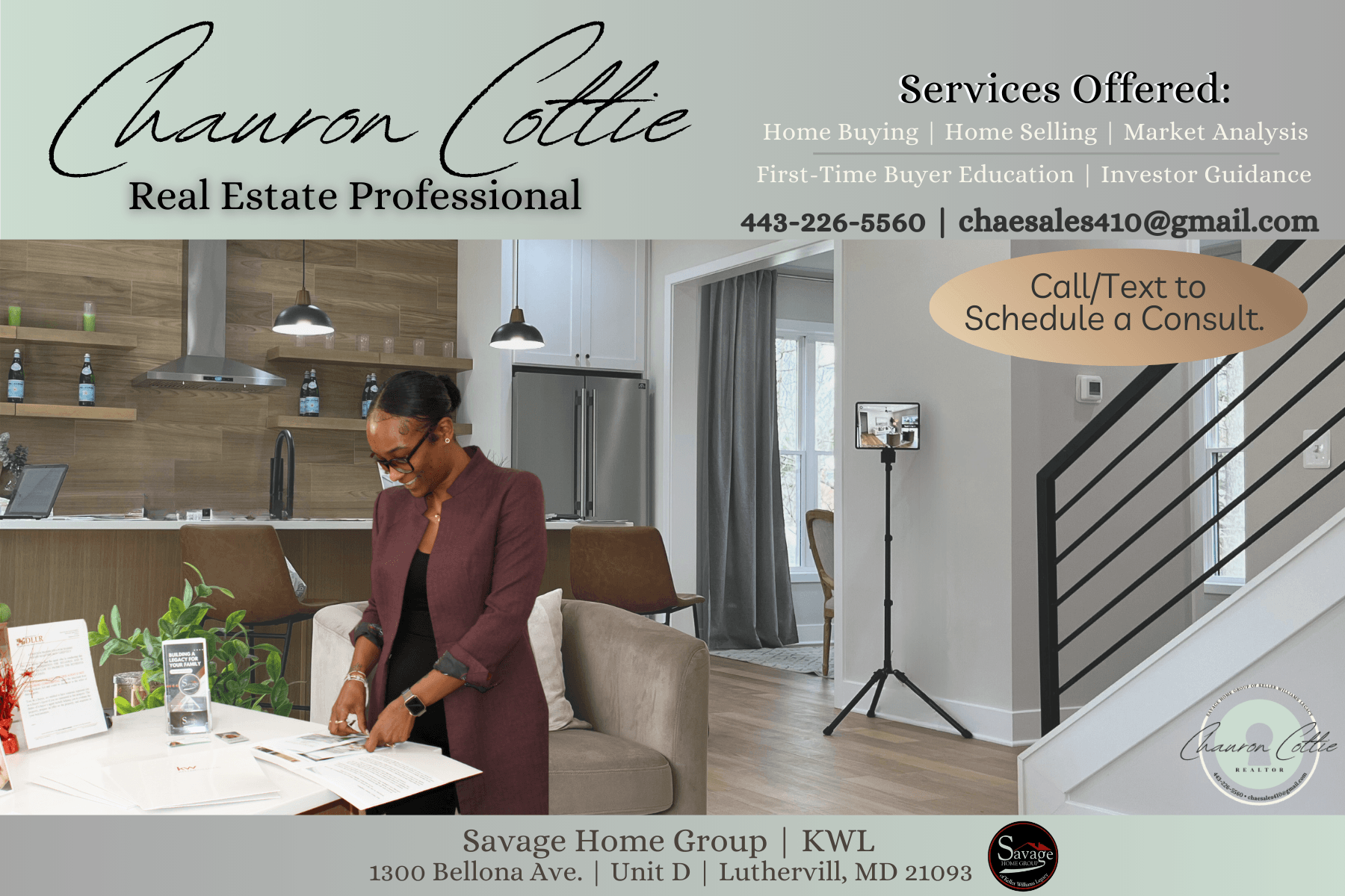 Real estate professional standing in a modern kitchen and living area, with contact information and a call-to-action button visible.