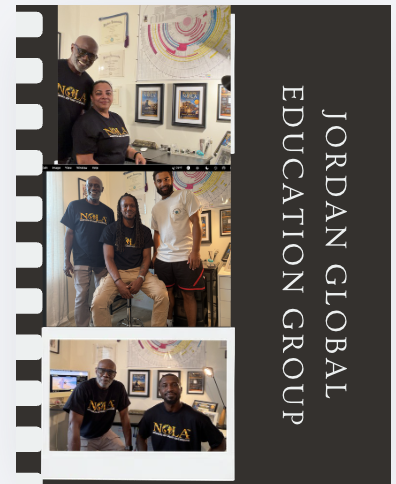 Three photos of people in an art gallery, with framed artwork on the walls, and a black banner with white text reading 'Jordan Global Education Group'.