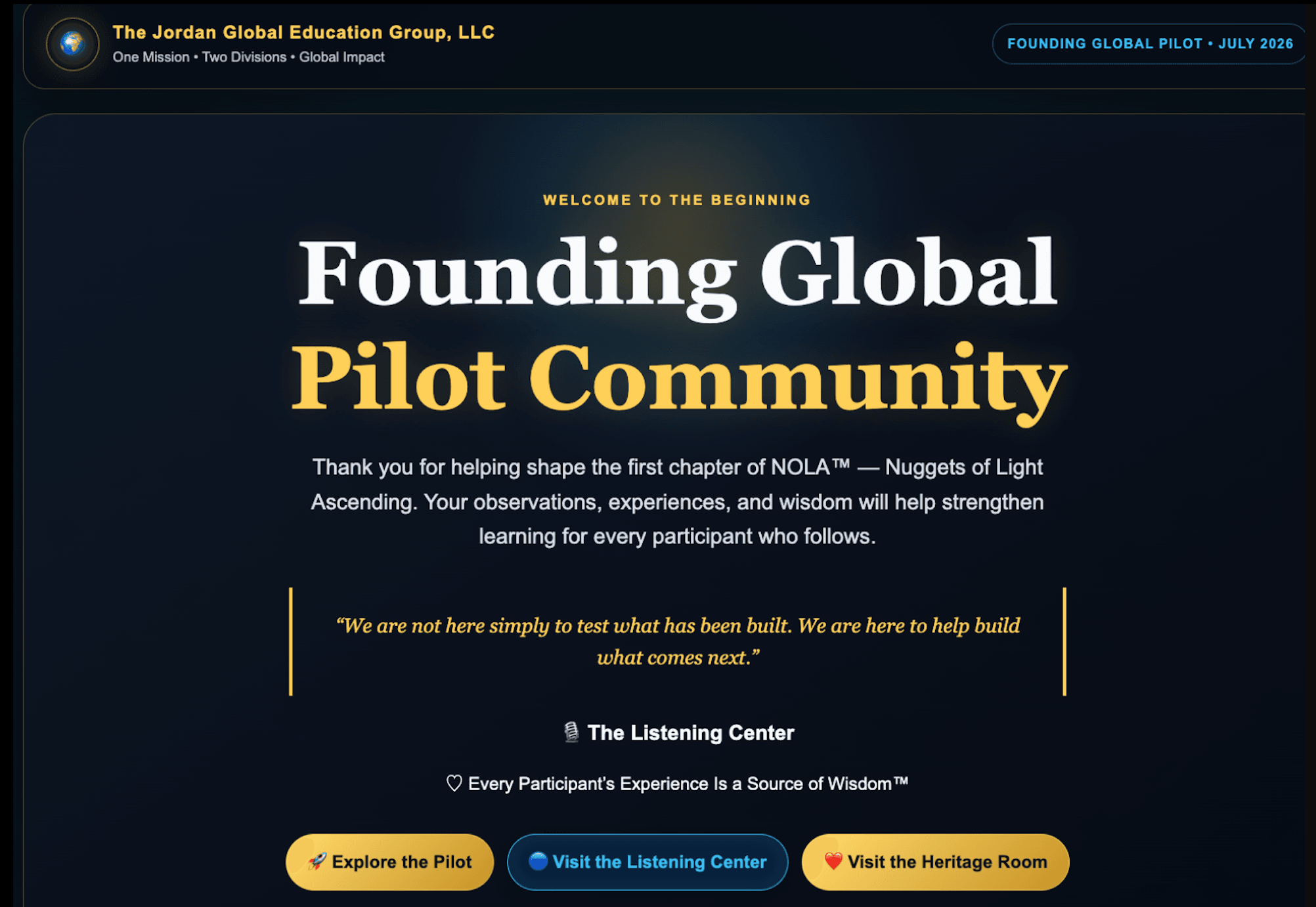 Screenshot of a website titled 'Founding Global Pilot Community' with a dark blue background and yellow and white text.