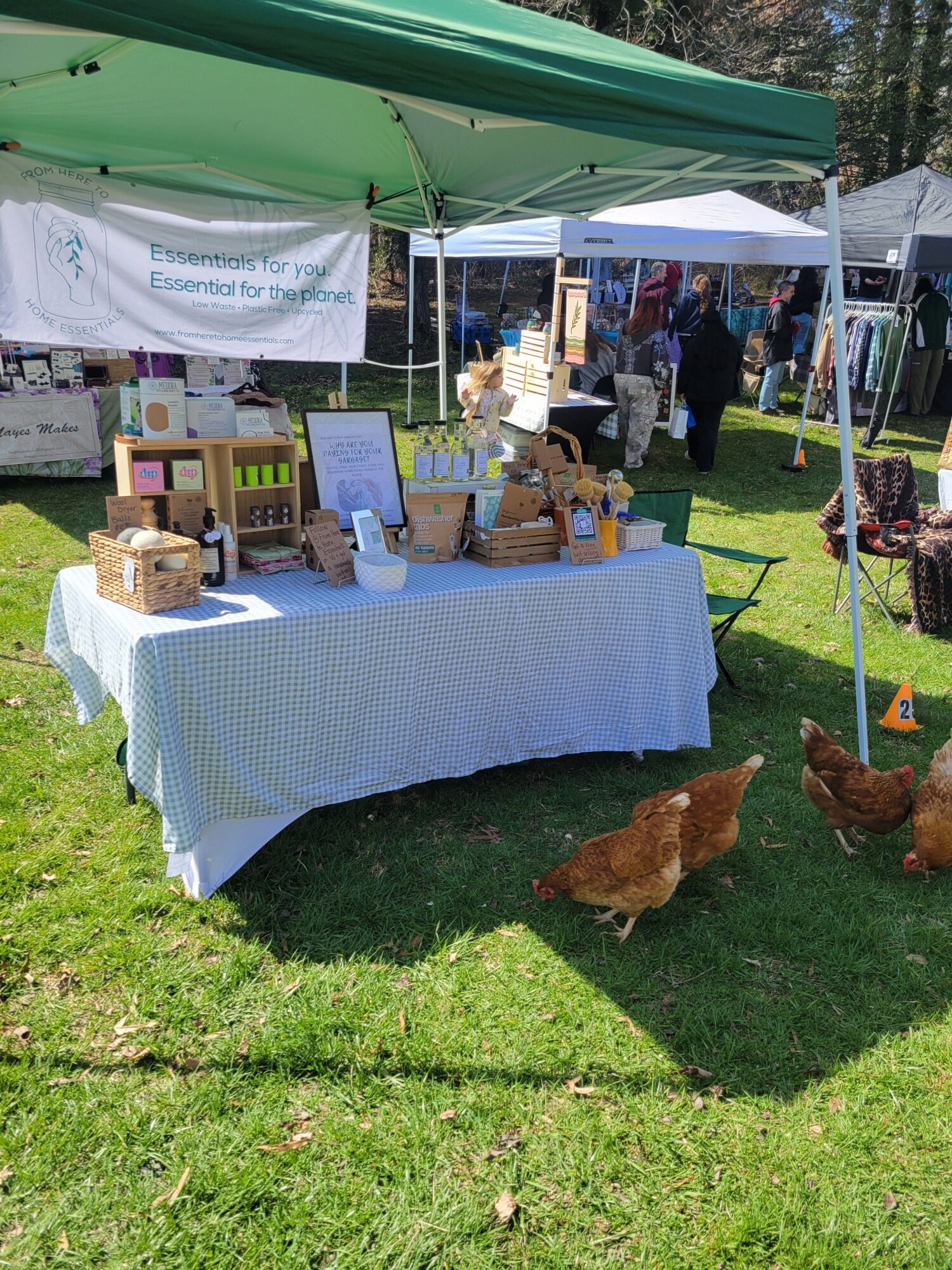 Outdoor market stall with various items on a table, three chickens on grass, and people in the background.