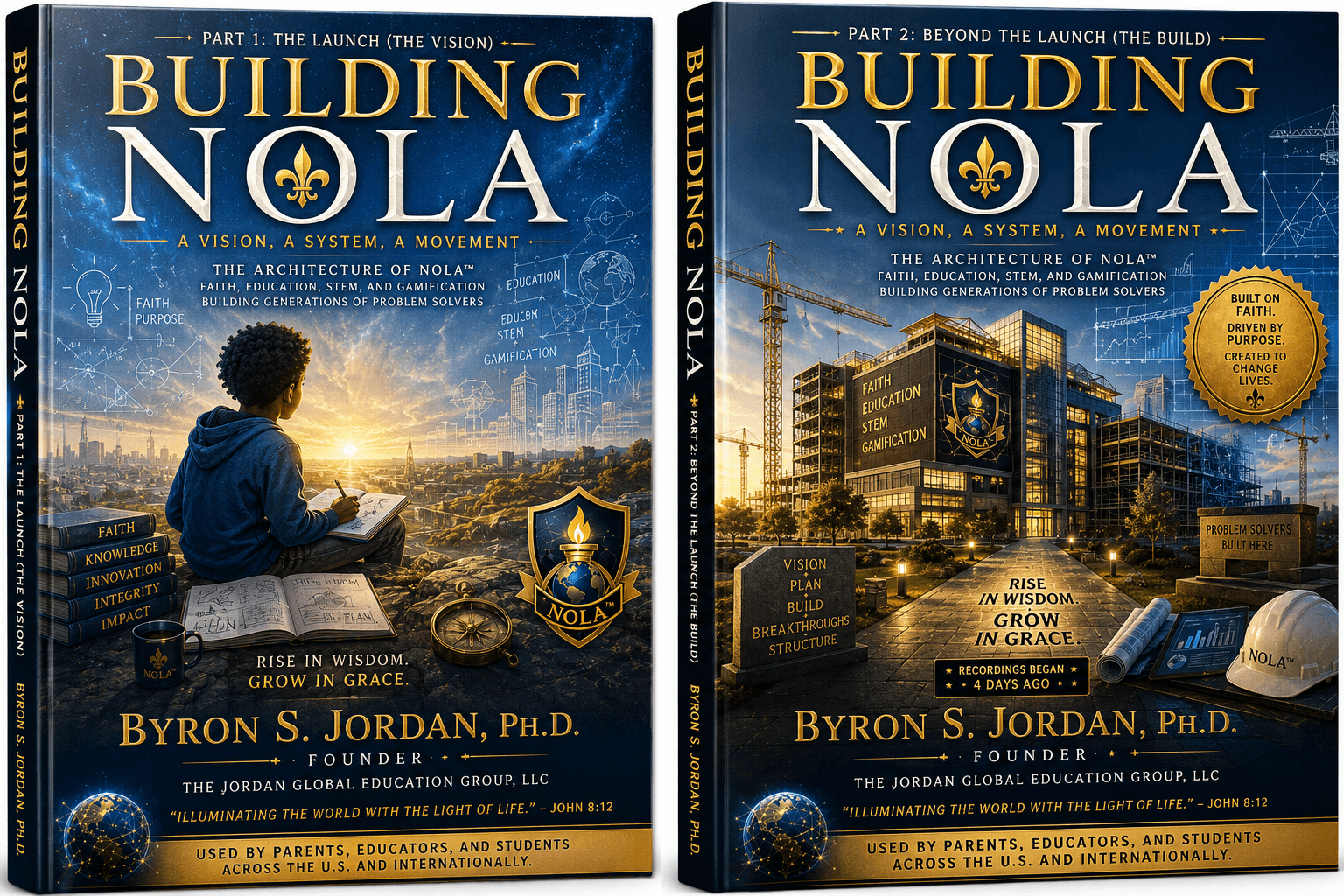 Book cover titled 'Building NOLA' with a person sitting on a rooftop at sunset, cityscape, and gold accents.