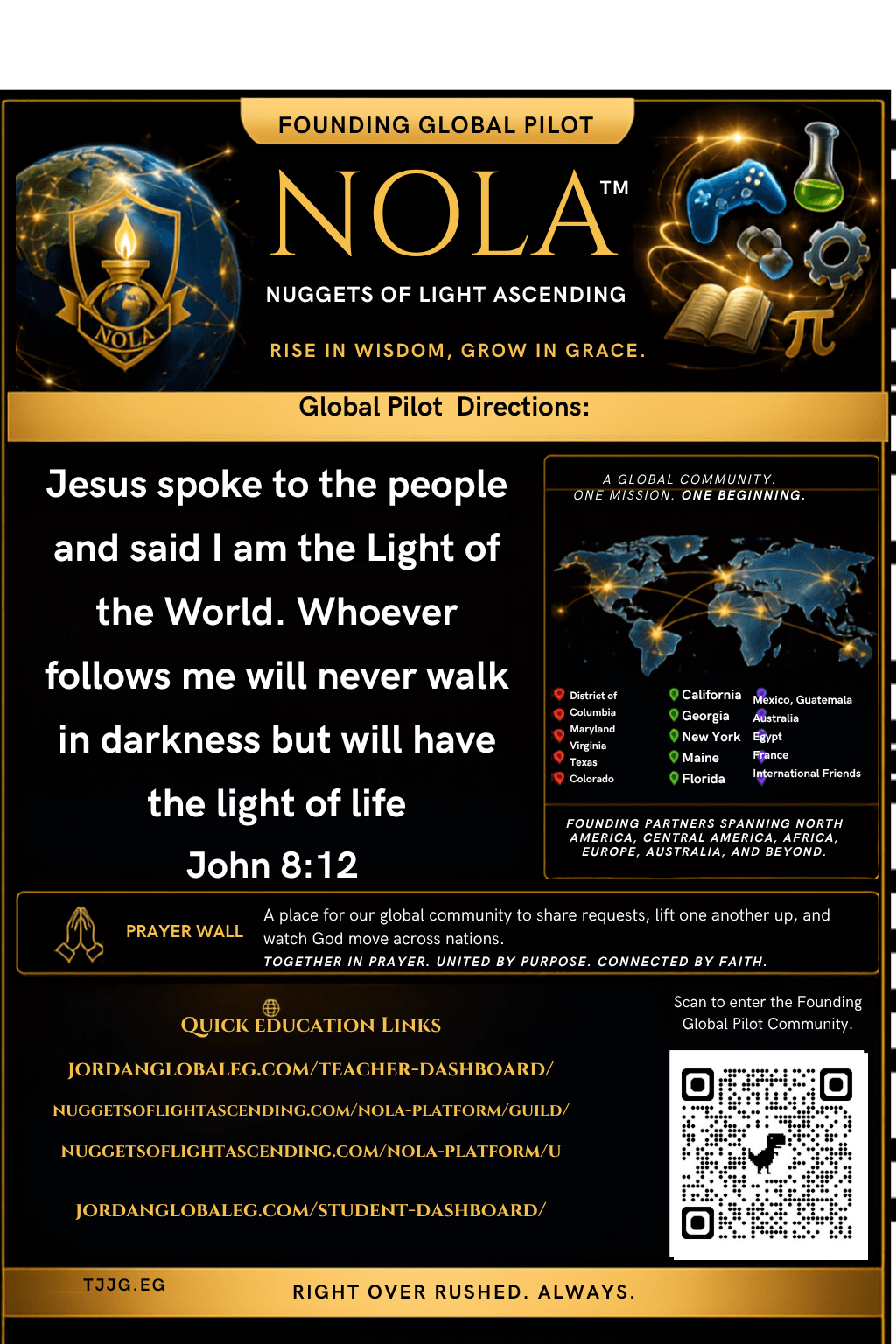 A digital graphic with a black background, gold and blue accents, and text about Jesus and light, including a Bible verse.
