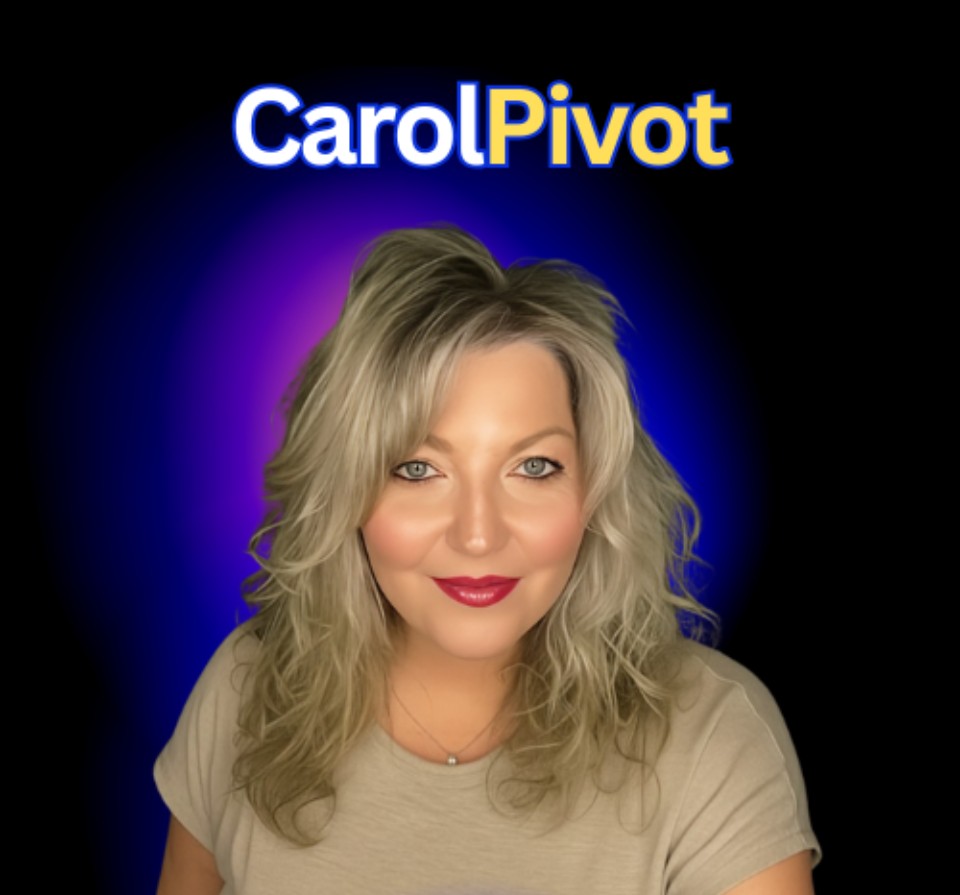 Woman with blonde hair and red lipstick, smiling, with text 'Carol Pivot' above her head, colorful background.