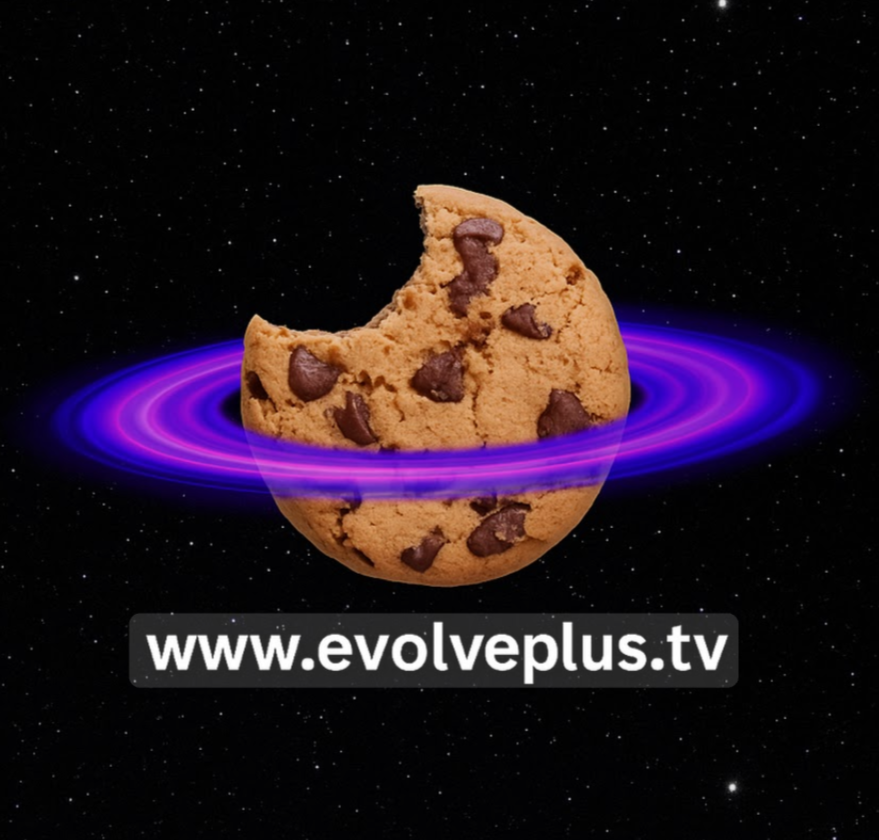 Chocolate chip cookie with a bite taken out, floating in space with a glowing purple ring around it, starry background.