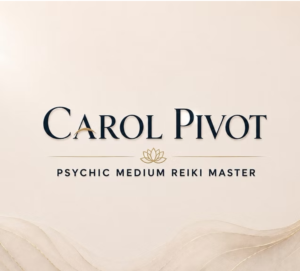 Business card with the name Carol Pivot, a lotus flower icon, and the title Psychic Medium Reiki Master.