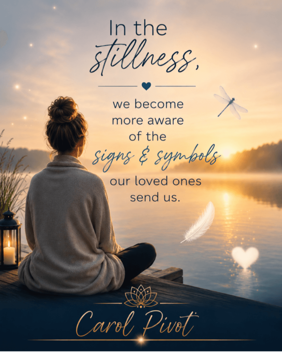 A woman sits by a lake at sunset, with a quote about stillness and signs, and her back facing the camera.