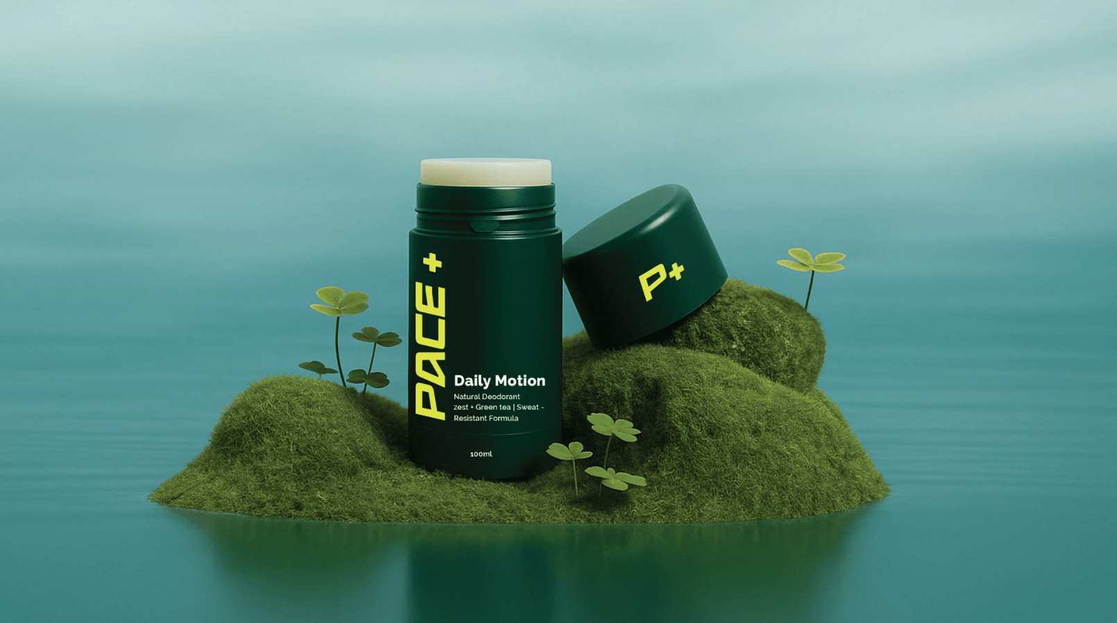 Two containers labeled 'PACE Daily Motion' on mossy rocks with small plants, against a blue background.